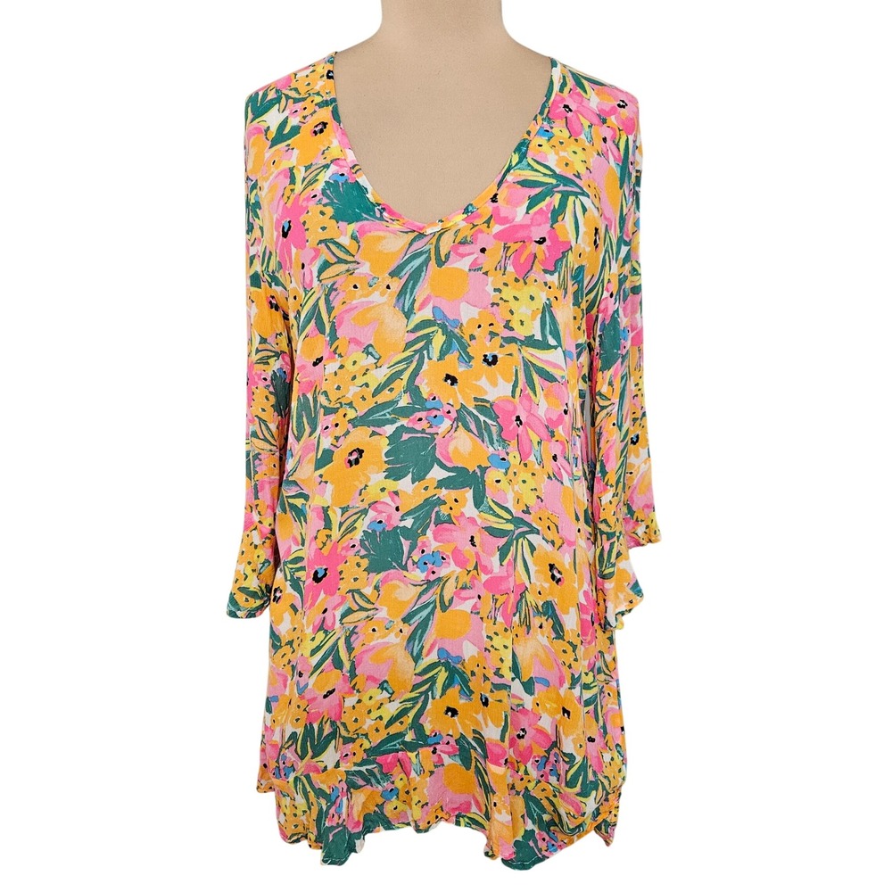 Anne Cole Floral Swim Cover Up Dress XS/S Yellow Pink Ruffle Bell Sleeve Boho